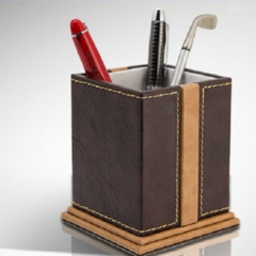 Desk Organizer Office Desk Accessories-Brown Leather square Pens Pencils Holder