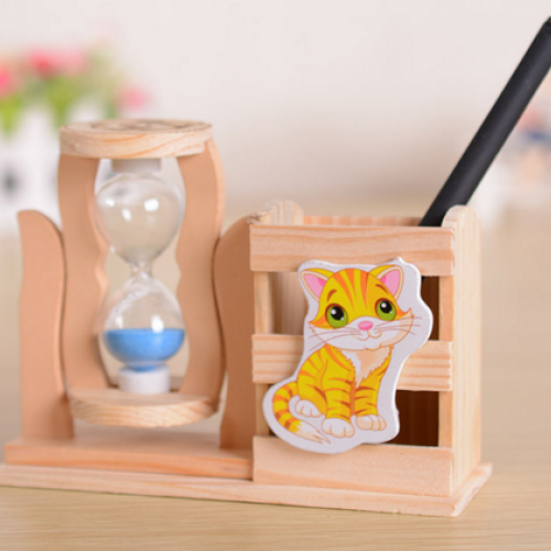 Creative Pencil Holder Box Stand Office Desk Novelty Wooden Hourglass Pen Holder